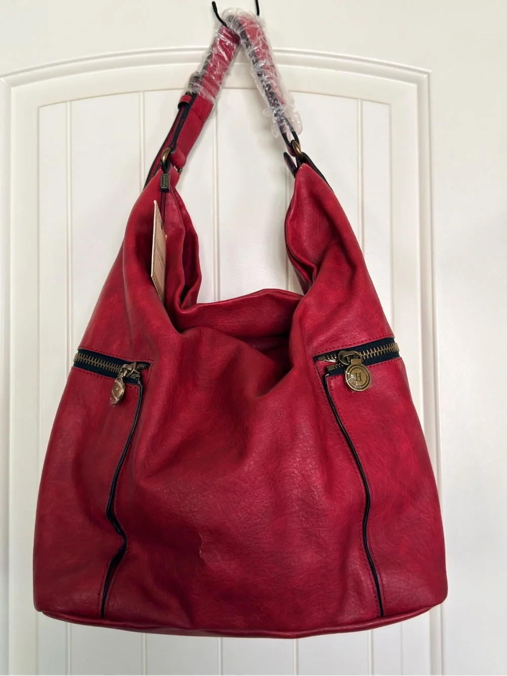 Hayden Red Faux Leather Hobo with Brass Accent
